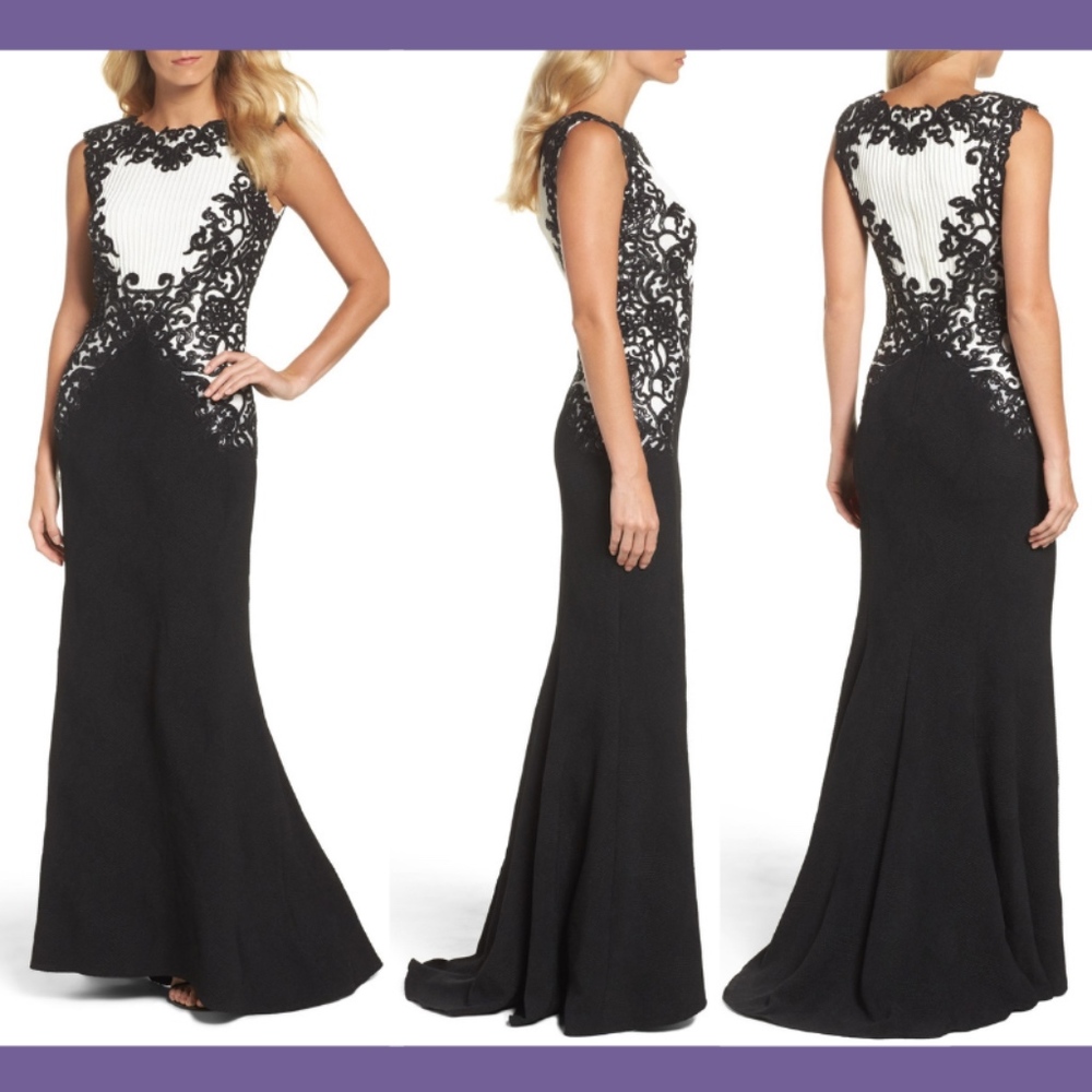 NEW $508 Tadashi Shoji Harmony Embroidered Textured Crepe Gown‎ [SZ 2 ]